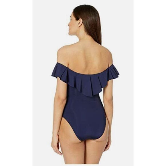 New. Trina Turk navy off shoulder ruffle top. Size 8. Retails $148 - Picture 8 of 11